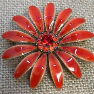 Red Enamel and Rhinestone Flower Brooch